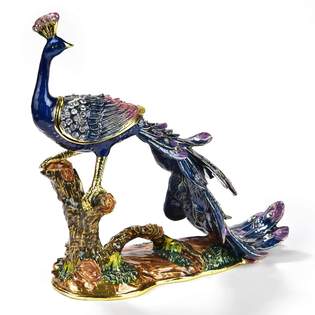 Peacock on Branch Figurine Keepsake Box with Inlaid Crystals  